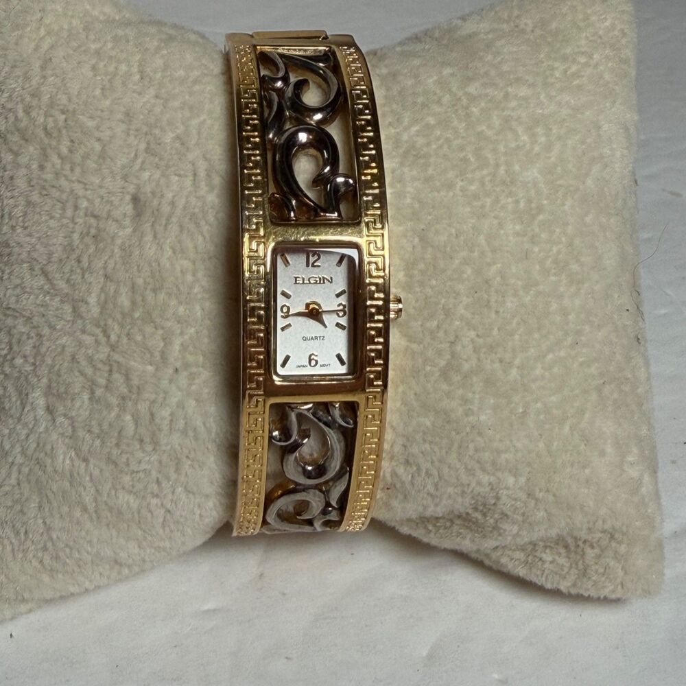 Vintage Elgin Women Gold Tone Hinged Cuff Bracelet Watch Greek Key Quartz Japan